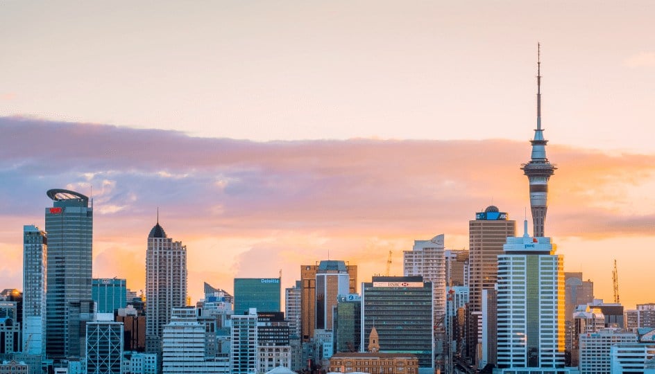 A panoramic view of Auckland, New Zealand at sunset