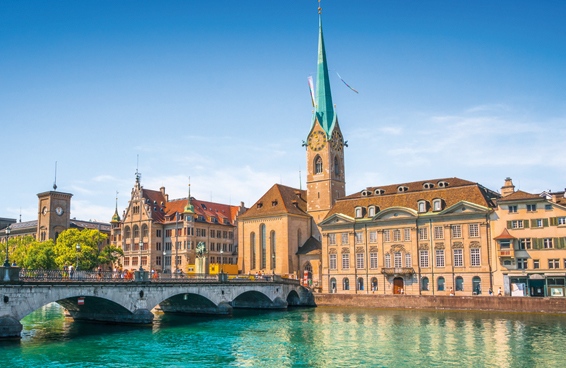 A panoramic shot of the Fraumünster Church and its surroundings in Zurich Switzerland