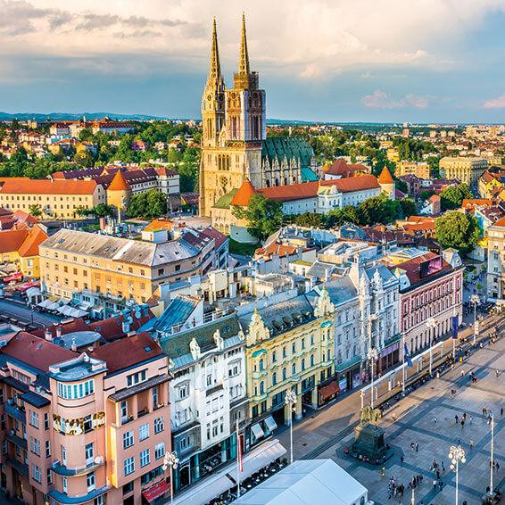 A panoramic view of Zagreb Croatia showcasing the iconic Zagreb Cathedral and the city's historic center