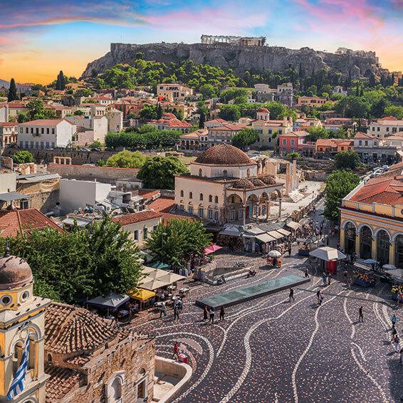 A panoramic view of Athens Greece at sunset