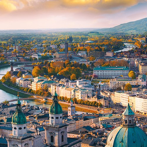 A panoramic view of Salzburg Austria at sunset