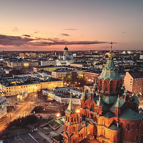 An aerial view of Helsinki Finland at sunset