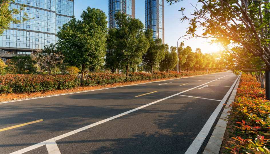 An urban road and buildings in the city at broad daylight